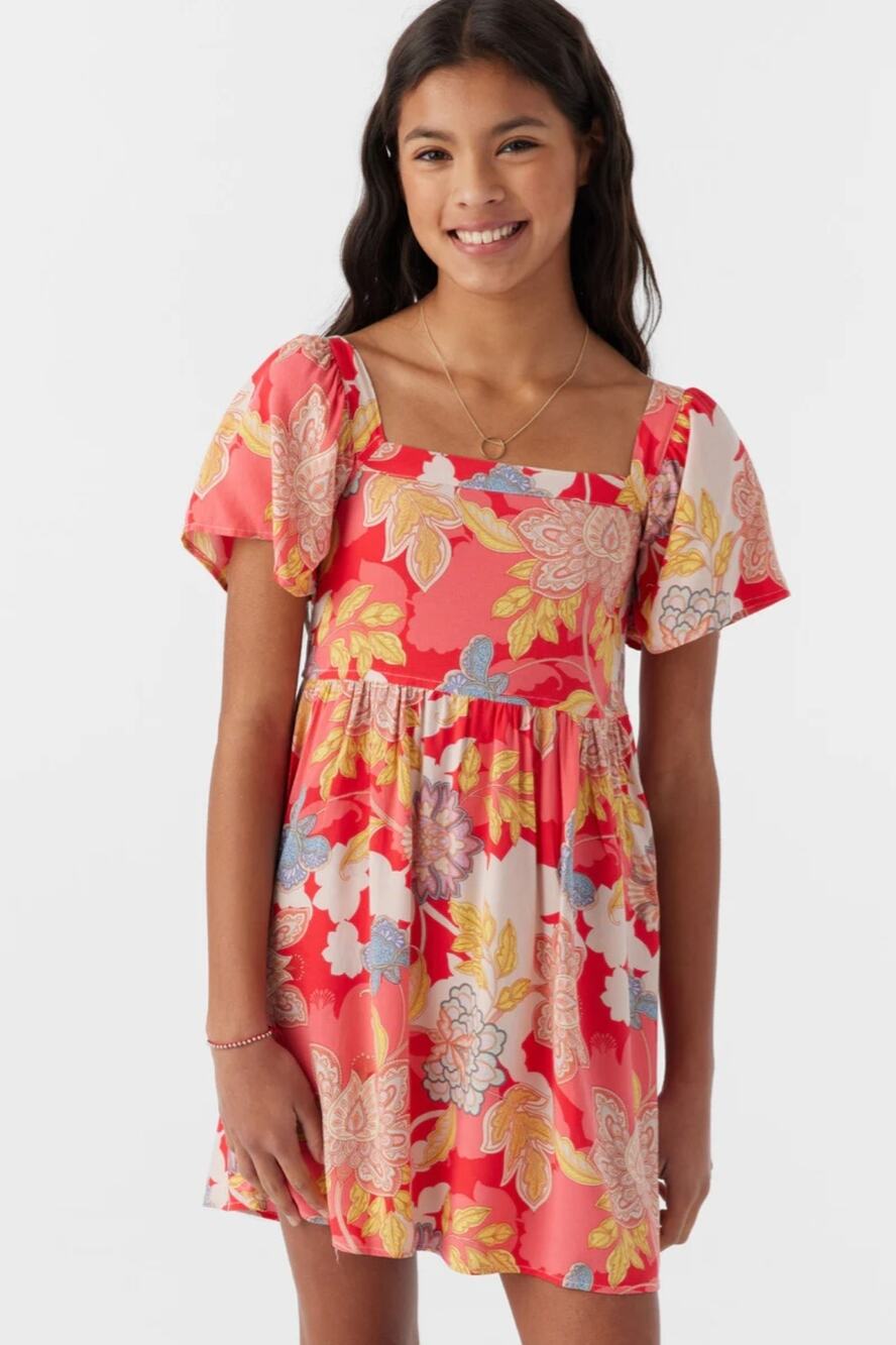 O'Neil Becka Antalya Floral Print Short Flutter Sleeves Empire Waist Dress